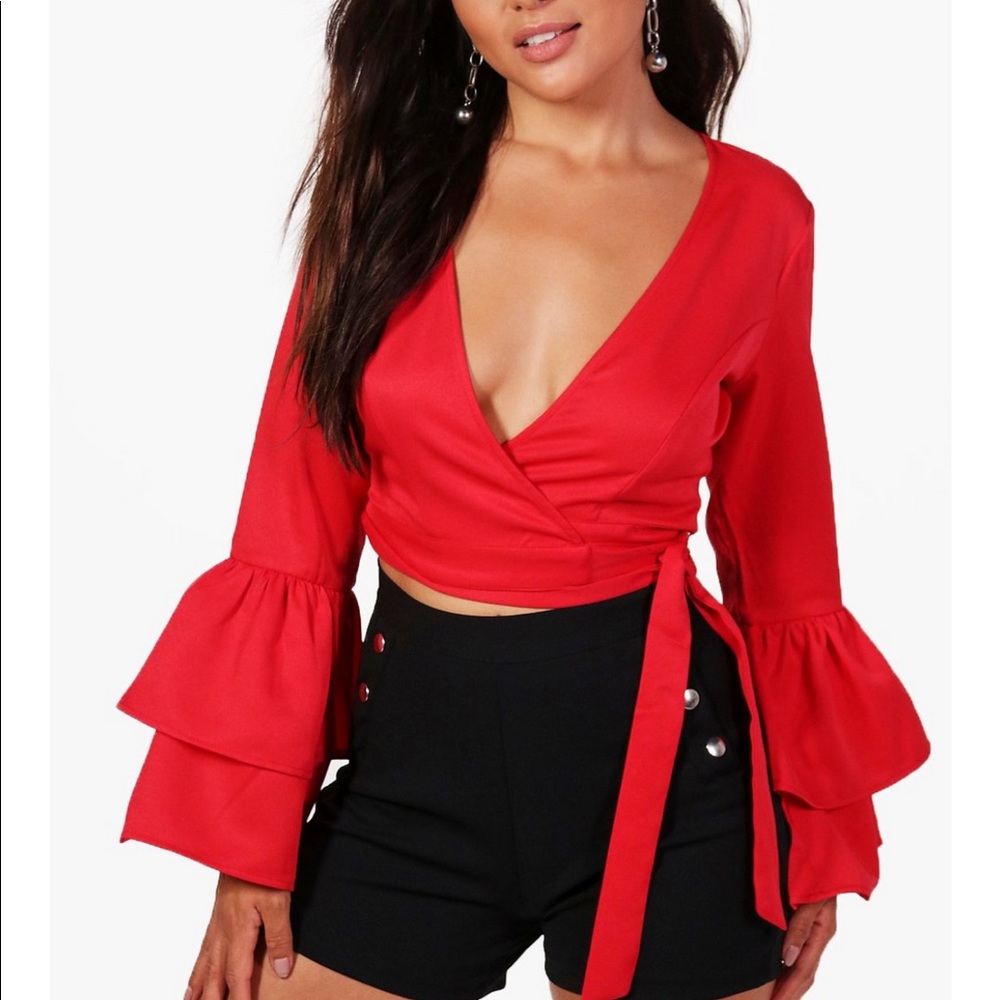 Petite Ruffle Sleeve Red Wrap Crop Top